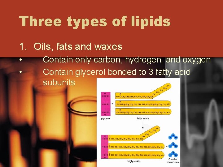 Three types of lipids 1. Oils, fats and waxes • • Contain only carbon,