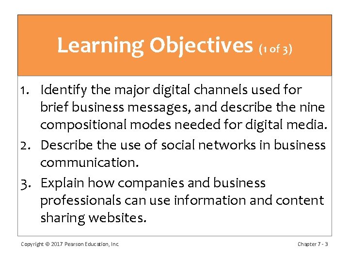 Learning Objectives (1 of 3) 1. Identify the major digital channels used for brief