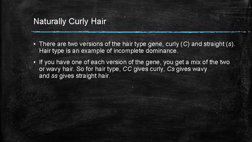 Naturally Curly Hair ▪ There are two versions of the hair type gene, curly