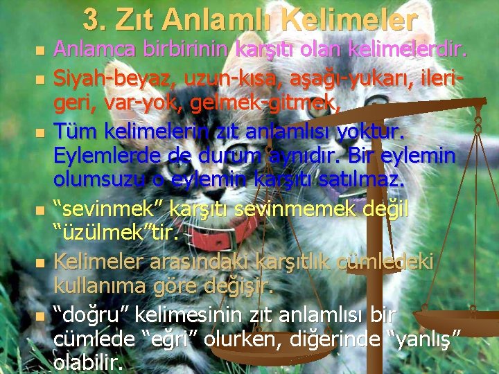 3. Zıt Anlamlı Kelimeler n n n Anlamca birbirinin karşıtı olan kelimelerdir. Siyah-beyaz, uzun-kısa,