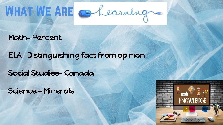 Math- Percent ELA- Distinguishing fact from opinion Social Studies- Canada Science - Minerals 