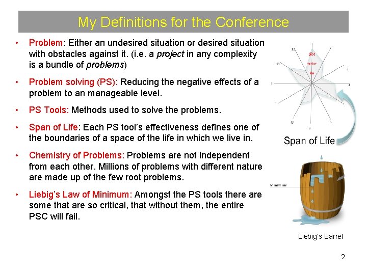 My Definitions for the Conference • Problem: Either an undesired situation or desired situation