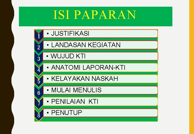 ISI PAPARAN 1 • JUSTIFIKASI 2 • LANDASAN KEGIATAN 3 • WUJUD KTI 4