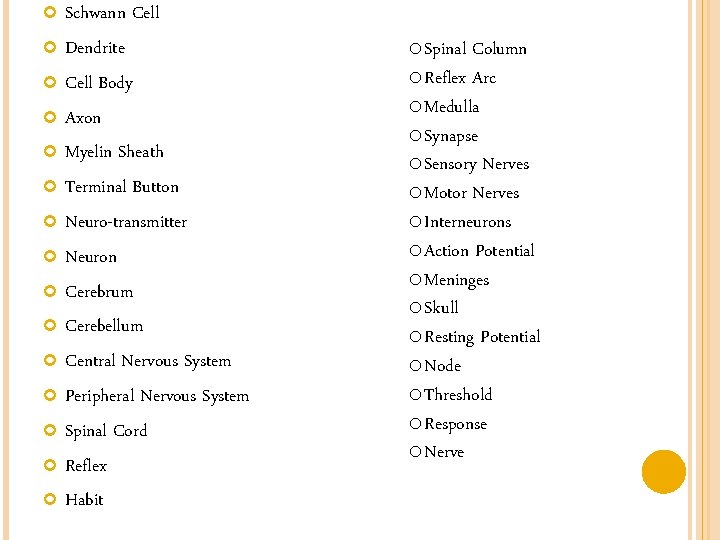 Schwann Cell Dendrite Cell Body Axon Myelin Sheath Terminal Button Neuro-transmitter Neuron Cerebrum Cerebellum