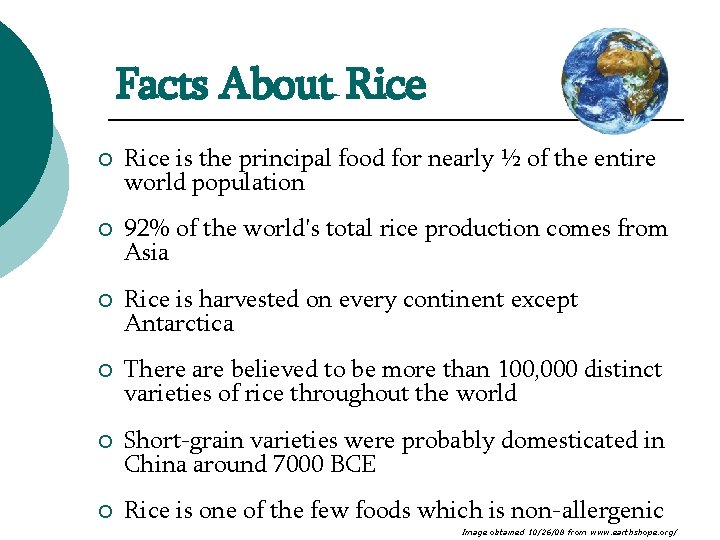 Facts About Rice ¡ Rice is the principal food for nearly ½ of the