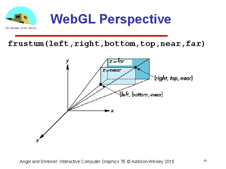Web. GL Perspective frustum(left, right, bottom, top, near, far) Angel and Shreiner: Interactive Computer