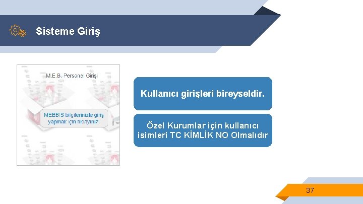 Sisteme Giriş Kullanıcı girişleri bireyseldir. Özel Kurumlar için kullanıcı isimleri TC KİMLİK NO Olmalıdır