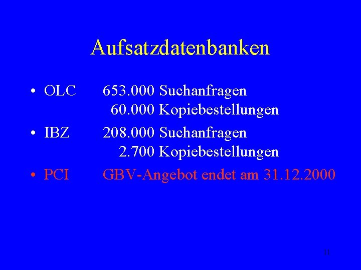 Aufsatzdatenbanken • OLC • IBZ • PCI 653. 000 Suchanfragen 60. 000 Kopiebestellungen 208.