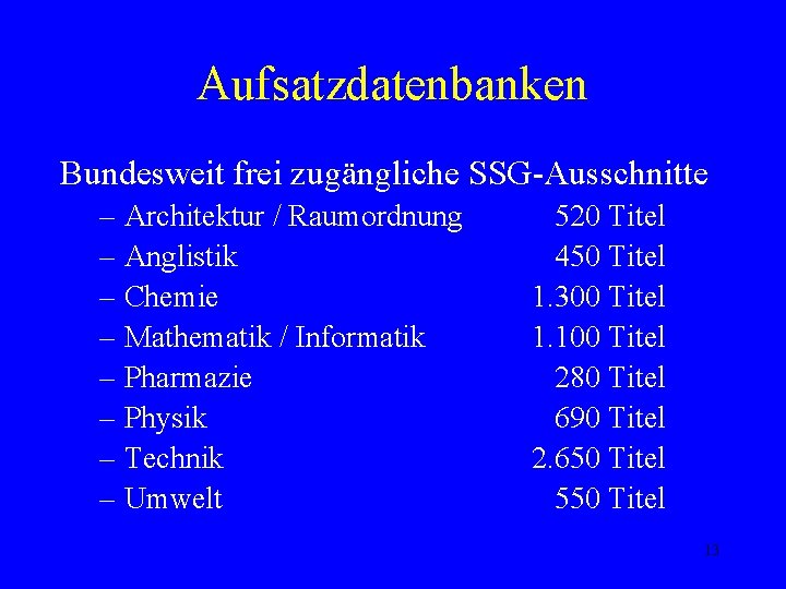 Aufsatzdatenbanken Bundesweit frei zugängliche SSG-Ausschnitte – Architektur / Raumordnung – Anglistik – Chemie –