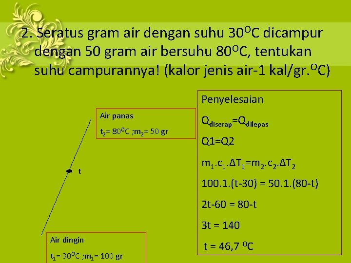 2. Seratus gram air dengan suhu 30 OC dicampur dengan 50 gram air bersuhu