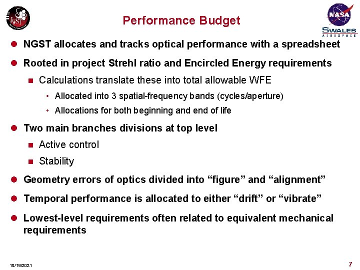 Performance Budget l NGST allocates and tracks optical performance with a spreadsheet l Rooted