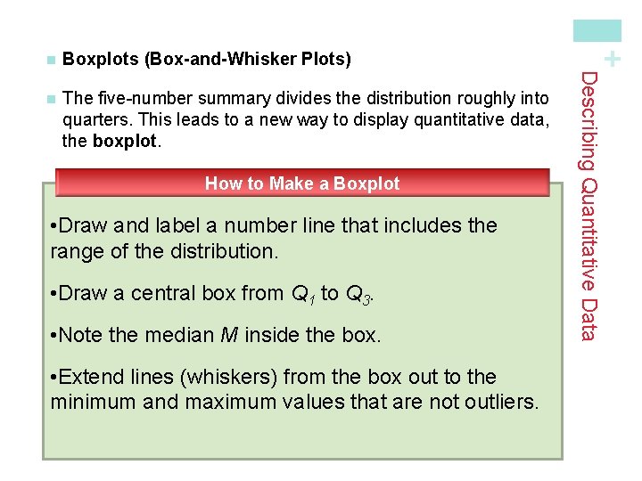 n The five-number summary divides the distribution roughly into quarters. This leads to a