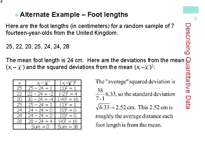 Example – Foot lengths 25, 22, 20, 25, 24, 28 Describing Quantitative Data Here