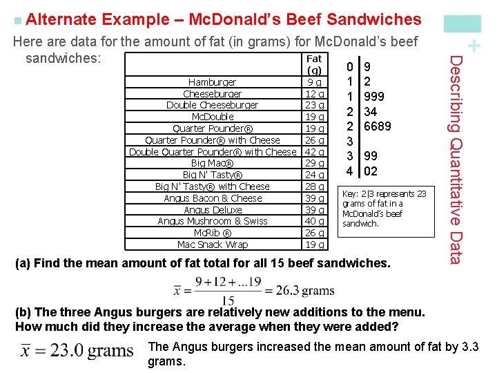 Example – Mc. Donald’s Beef Sandwiches (g) Hamburger 9 g Cheeseburger 12 g Double