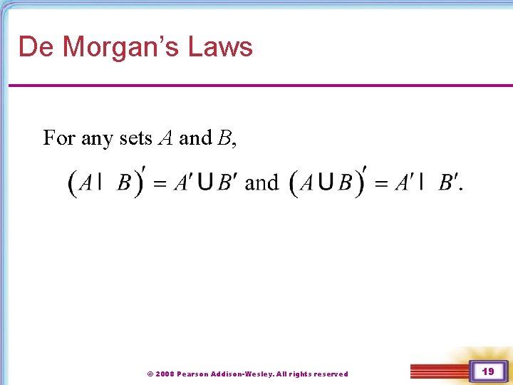 De Morgan’s Laws For any sets A and B, © 2008 Pearson Addison-Wesley. All De Morgan’s Laws For any sets A and B, © 2008 Pearson Addison-Wesley. All