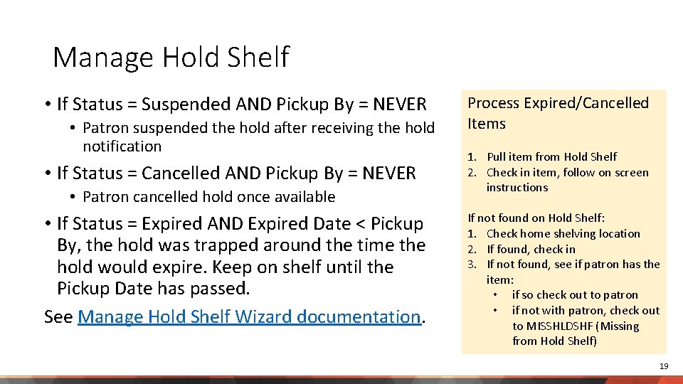 Manage Hold Shelf • If Status = Suspended AND Pickup By = NEVER •