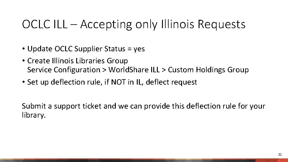 OCLC ILL – Accepting only Illinois Requests • Update OCLC Supplier Status = yes