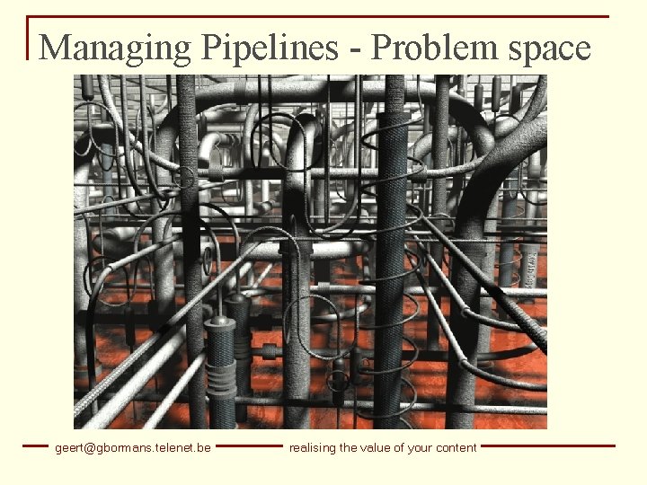 Managing Pipelines - Problem space geert@gbormans. telenet. be realising the value of your content