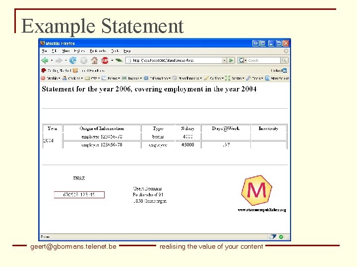 Example Statement geert@gbormans. telenet. be realising the value of your content 