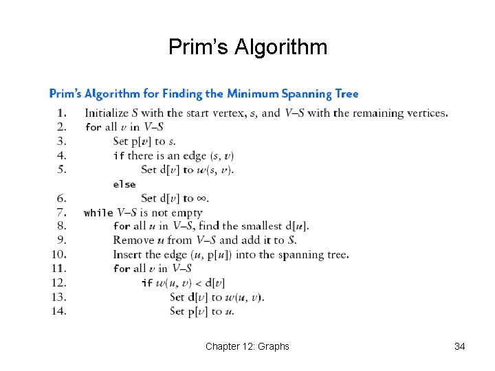 Prim’s Algorithm Chapter 12: Graphs 34 Prim’s Algorithm Chapter 12: Graphs 34