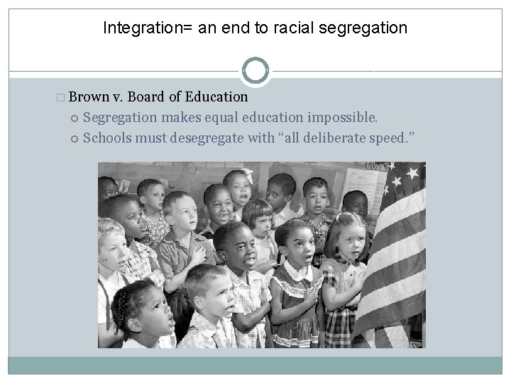 Integration= an end to racial segregation � Brown v. Board of Education Segregation makes