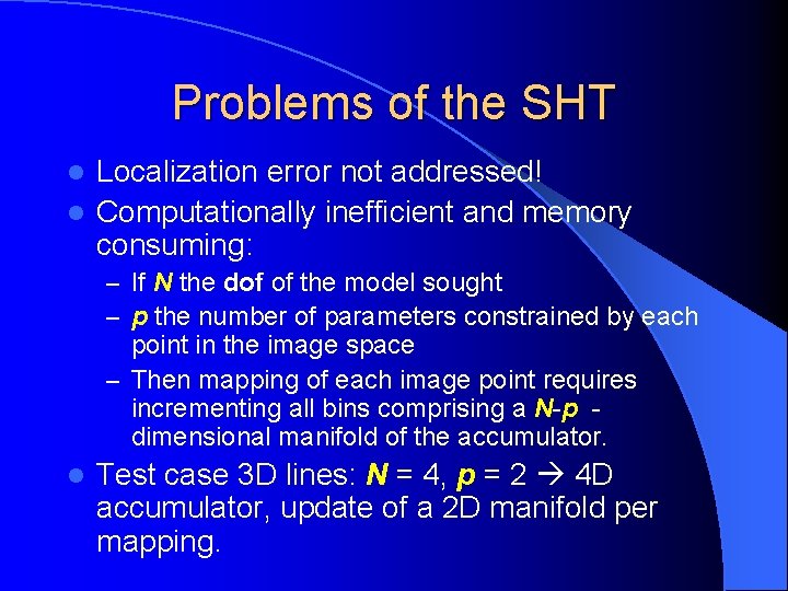 Problems of the SHT Localization error not addressed! l Computationally inefficient and memory consuming: