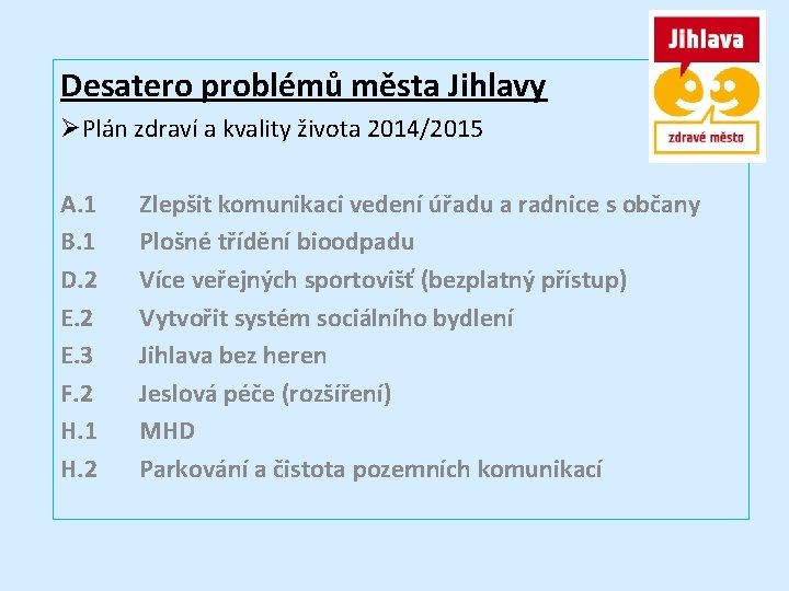 Desatero problémů města Jihlavy ØPlán zdraví a kvality života 2014/2015 A. 1 B. 1