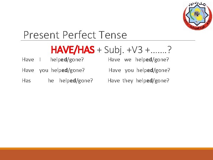 Present Perfect Tense Have I HAVE/HAS + Subj. +V 3 +……. ? helped/gone? Have