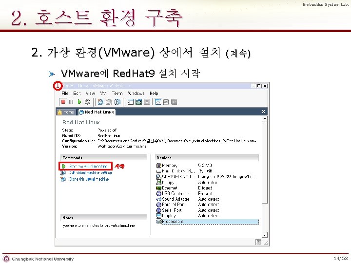 Embedded System Lab. 2. 호스트 환경 구축 2. 가상 환경(VMware) 상에서 설치 (계속) VMware에