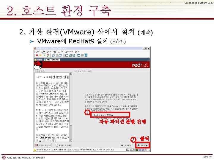 Embedded System Lab. 2. 호스트 환경 구축 2. 가상 환경(VMware) 상에서 설치 VMware에 Red.