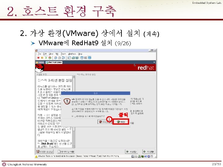 Embedded System Lab. 2. 호스트 환경 구축 2. 가상 환경(VMware) 상에서 설치 VMware에 Red.