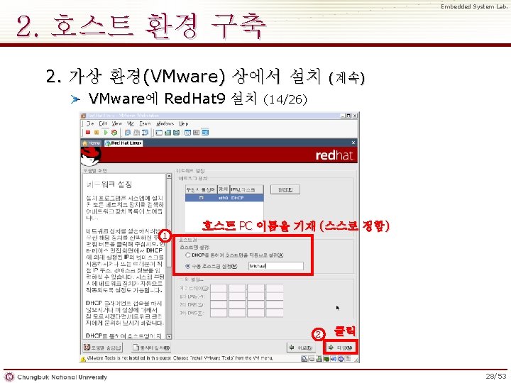 Embedded System Lab. 2. 호스트 환경 구축 2. 가상 환경(VMware) 상에서 설치 VMware에 Red.