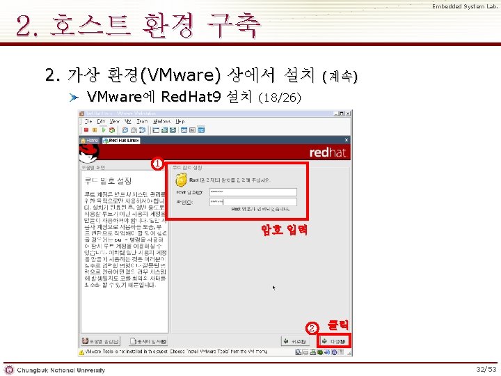 Embedded System Lab. 2. 호스트 환경 구축 2. 가상 환경(VMware) 상에서 설치 VMware에 Red.