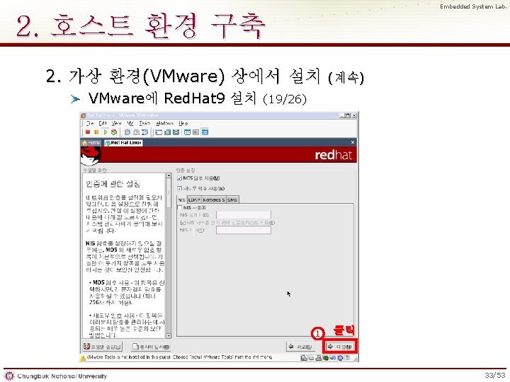 Embedded System Lab. 2. 호스트 환경 구축 2. 가상 환경(VMware) 상에서 설치 VMware에 Red.