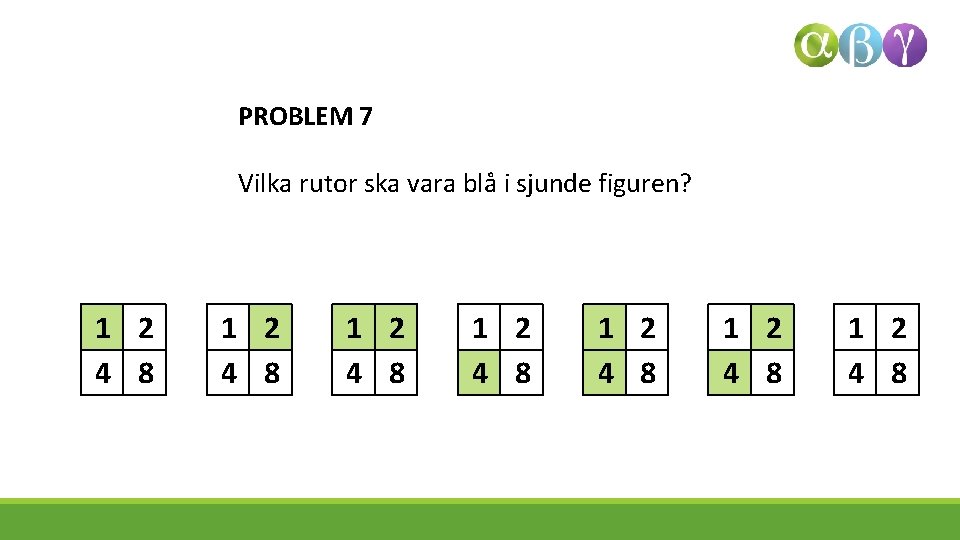 PROBLEM 7 Vilka rutor ska vara blå i sjunde figuren? 1 2 4 8