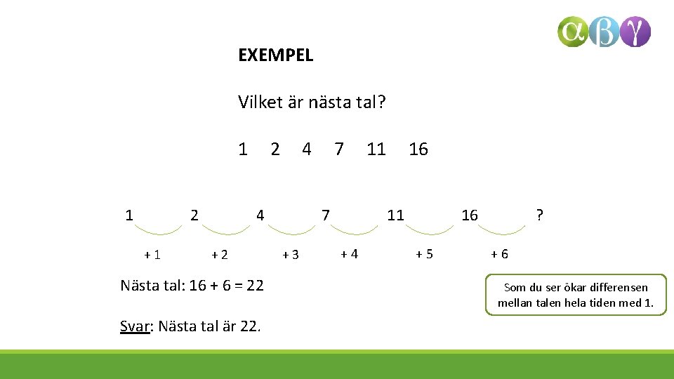 EXEMPEL Vilket är nästa tal? 1 1 2 +1 2 4 4 +2 Nästa