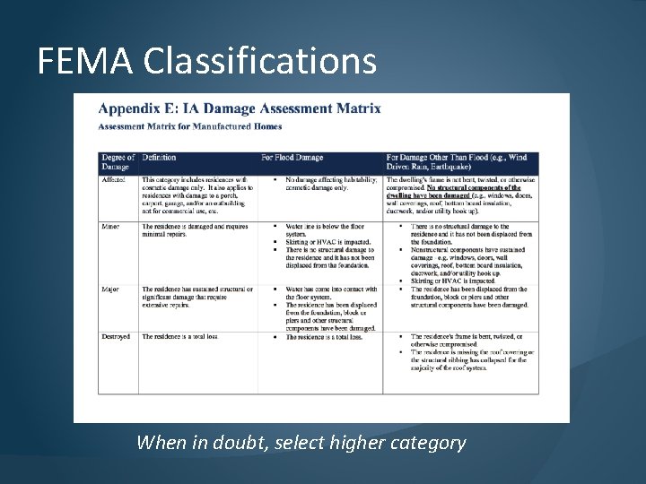 FEMA Classifications When in doubt, select higher category 