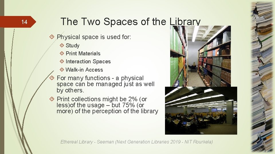 14 The Two Spaces of the Library Physical space is used for: Study Print