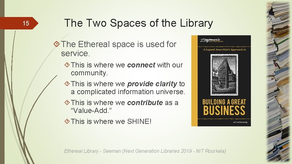 15 The Two Spaces of the Library The Ethereal space is used for service.