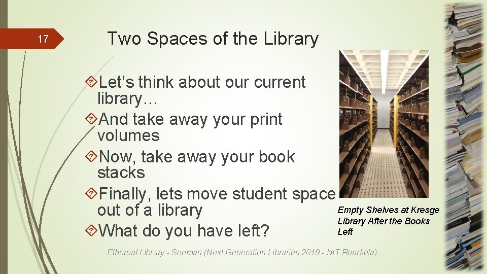 17 Two Spaces of the Library Let’s think about our current library… And take