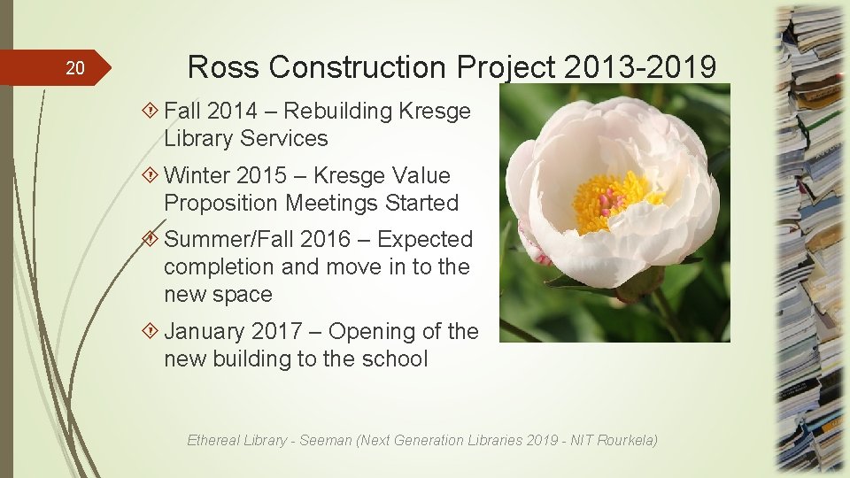 20 Ross Construction Project 2013 -2019 Fall 2014 – Rebuilding Kresge Library Services Winter