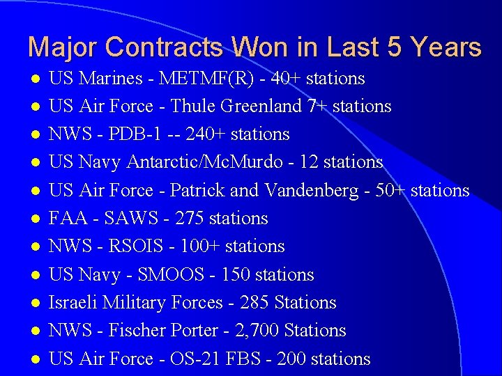 Major Contracts Won in Last 5 Years l l l US Marines - METMF(R)