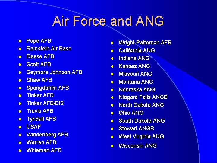 Air Force and ANG l l l l Pope AFB Ramstein Air Base Reese