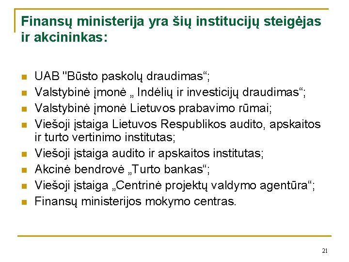 Finansų ministerija yra šių institucijų steigėjas ir akcininkas: n n n n UAB "Būsto