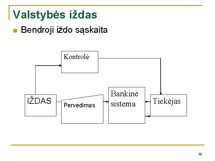 Valstybės iždas n Bendroji iždo sąskaita Kontrolė IŽDAS Pervedimas Bankinė sistema Tiekėjas 46 