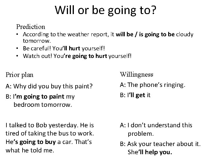 Will or be going to? Prediction • According to the weather report, it will