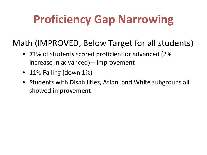 Proficiency Gap Narrowing Math (IMPROVED, Below Target for all students) • 71% of students