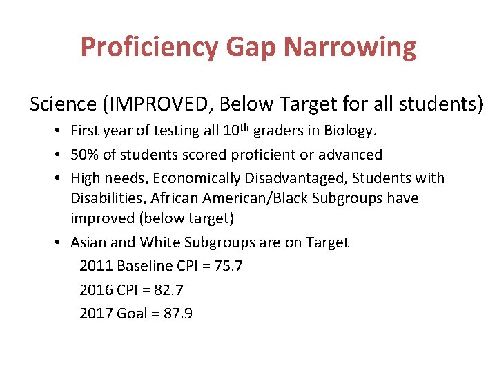 Proficiency Gap Narrowing Science (IMPROVED, Below Target for all students) • First year of