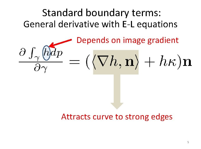 Standard boundary terms: General derivative with E-L equations Depends on image gradient Attracts curve