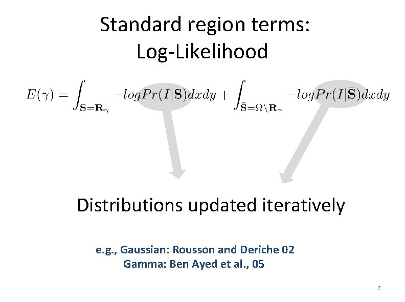 Standard region terms: Log-Likelihood Distributions updated iteratively e. g. , Gaussian: Rousson and Deriche